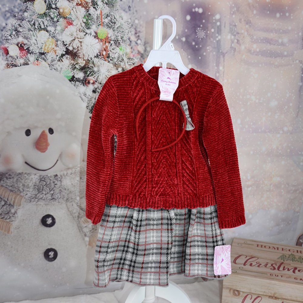 NEW! Tommy Bahama, 3 piece set, girls, 5T, Christmas, red, plaid skirt, festive
